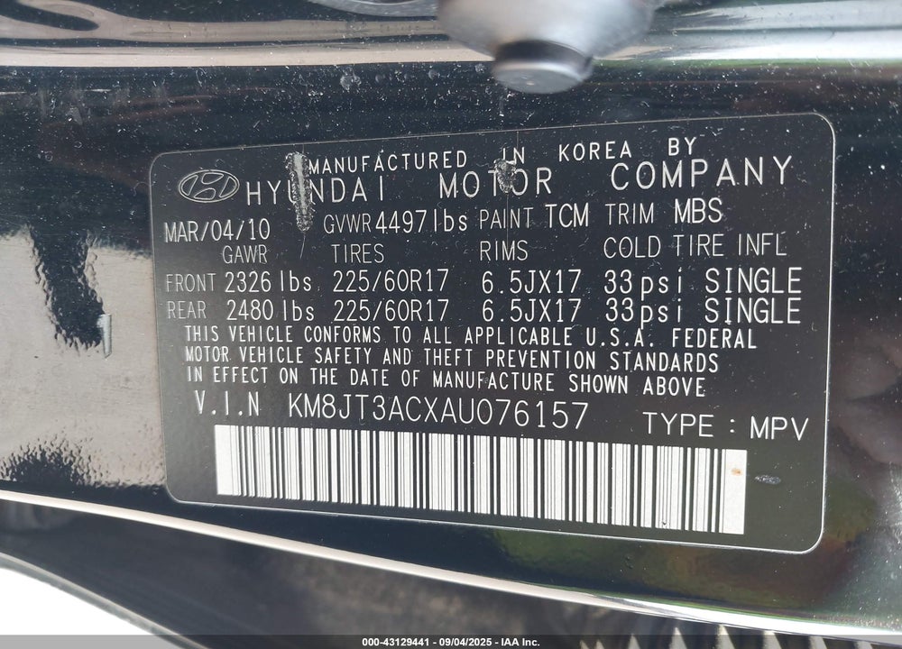 2010 HYUNDAI TUCSON GLS VIN: KM8JT3ACXAU076157