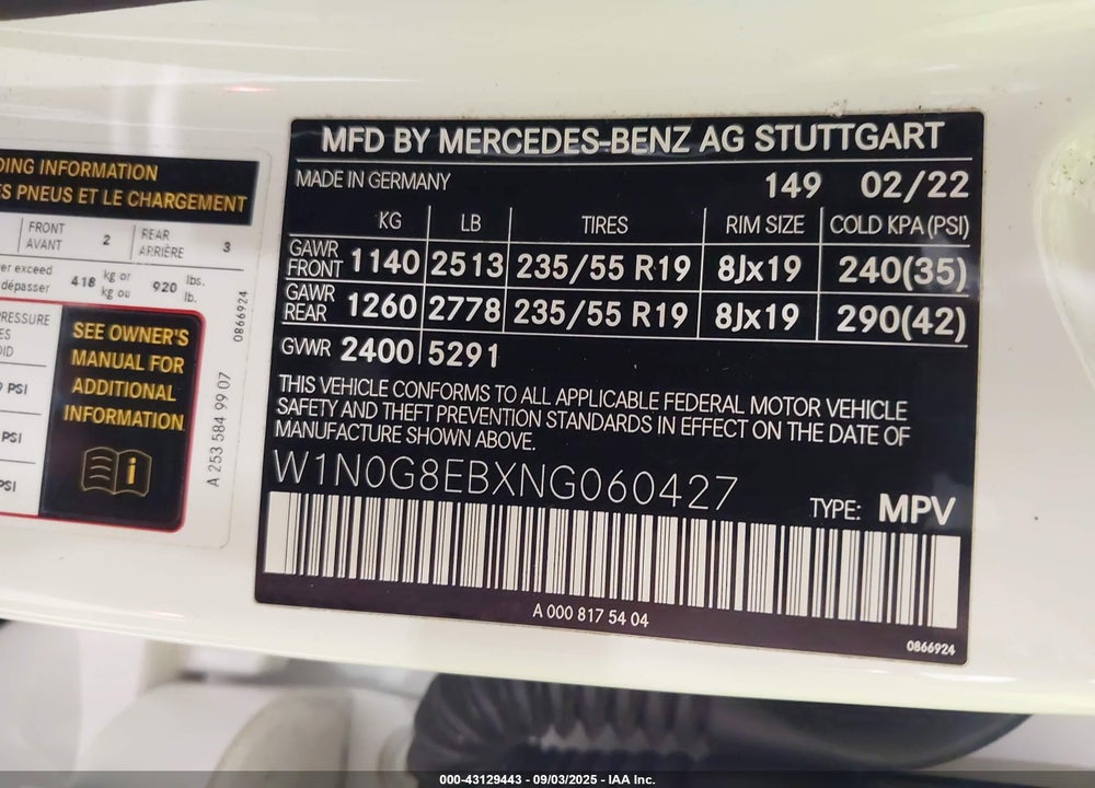 2022 MERCEDES-BENZ GLC 300 4MATIC SUV VIN: W1N0G8EBXNG060427