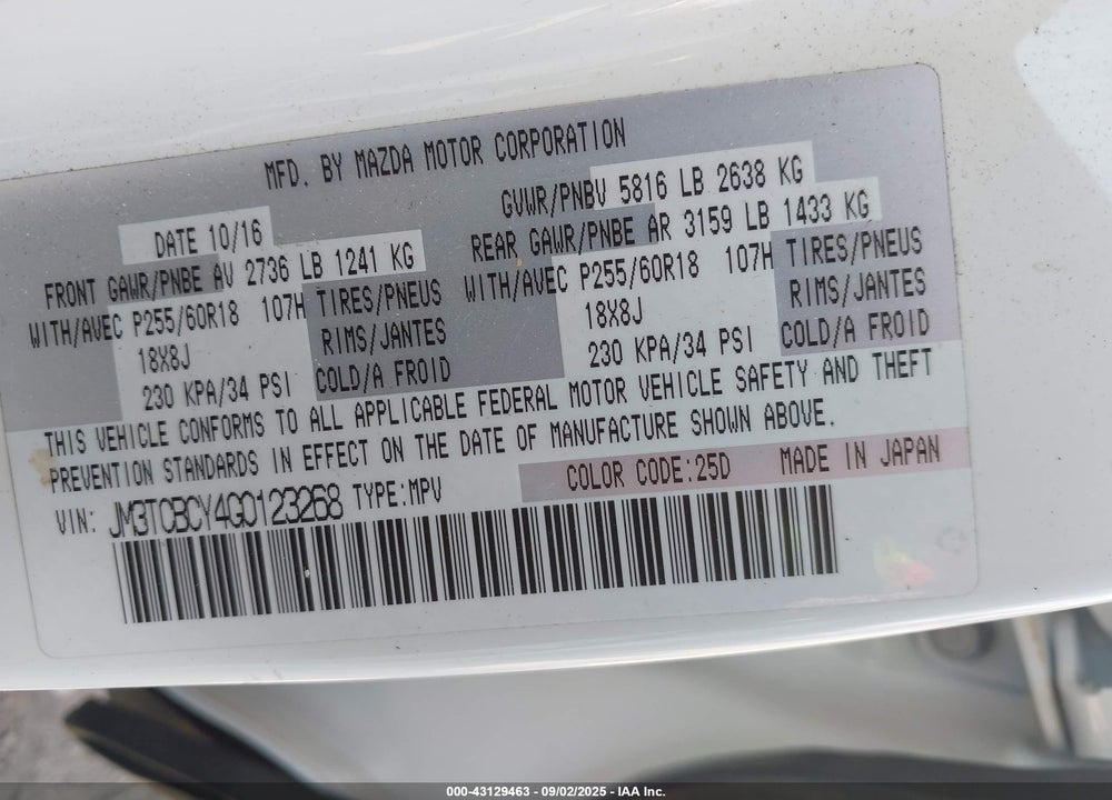 2016 MAZDA CX-9 VIN: JM3TCBCY4G0123268
