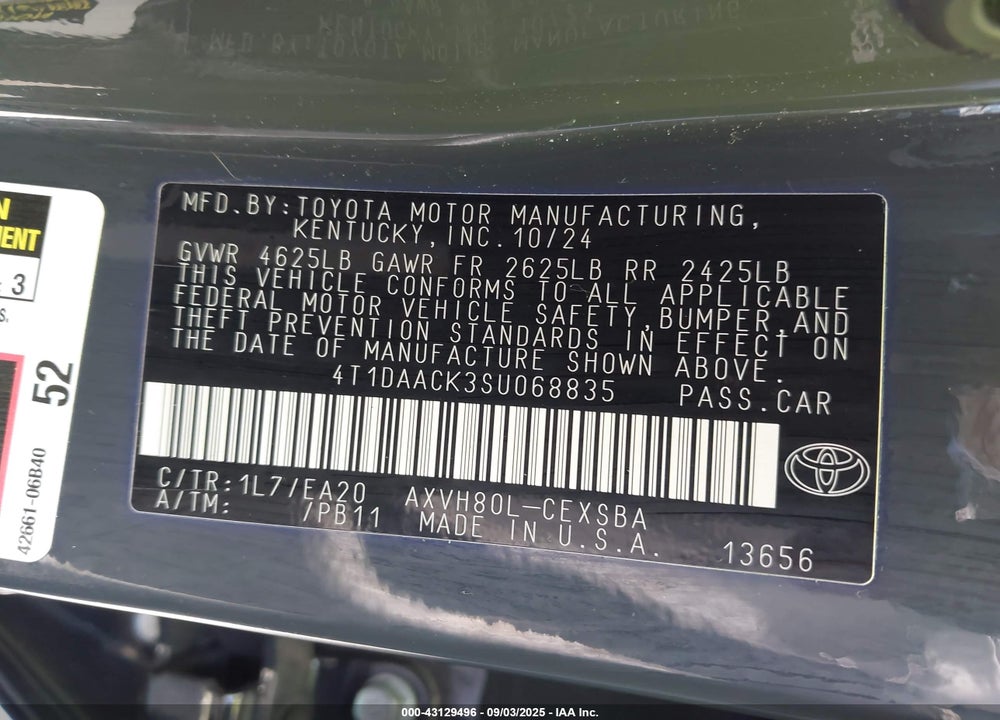 2025 TOYOTA CAMRY VIN: 4T1DAACK3SU068835