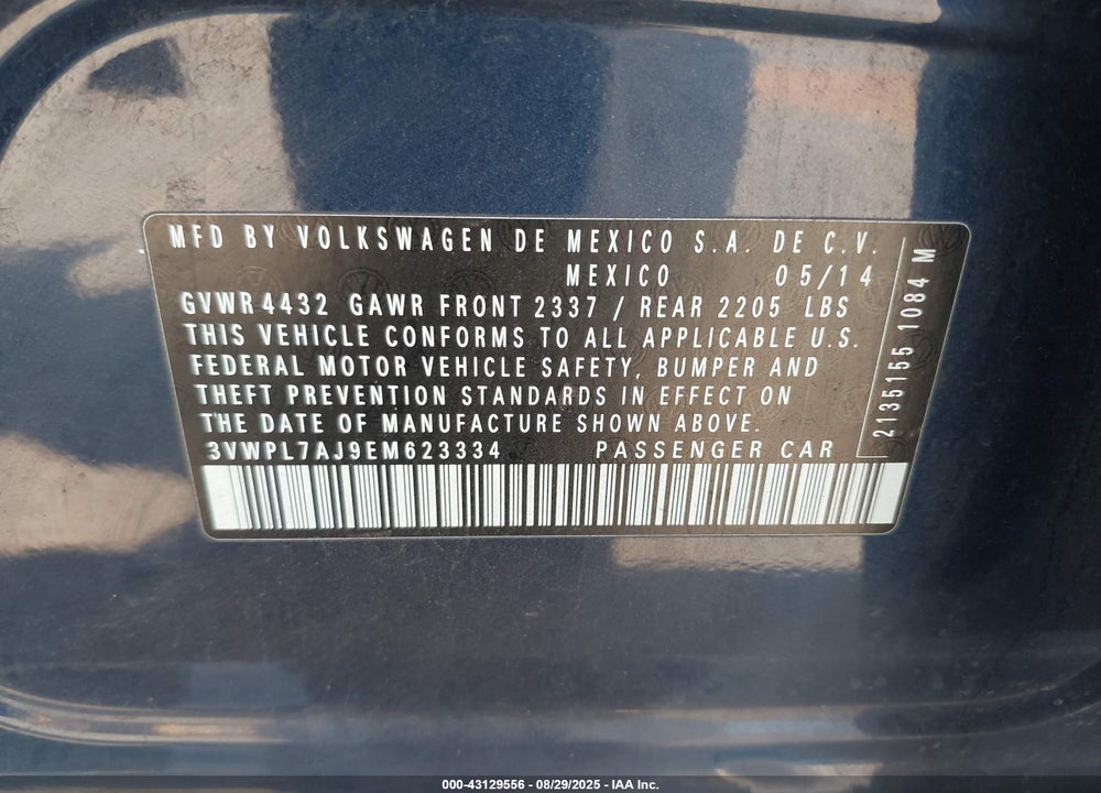 2014 VOLKSWAGEN JETTA VIN: 3VWPL7AJ9EM623334