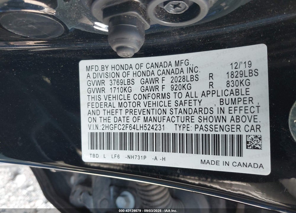 2020 HONDA CIVIC VIN: 2HGFC2F64LH524231
