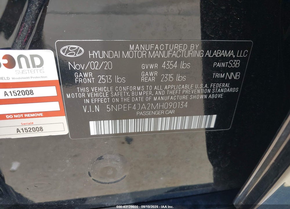 2021 HYUNDAI SONATA SEL VIN: 5NPEF4JA2MH090134