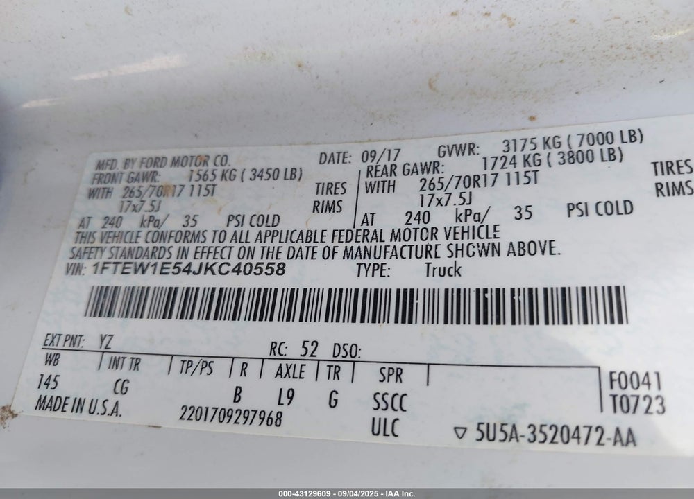 2018 FORD F-150 VIN: 1FTEW1E54JKC40558