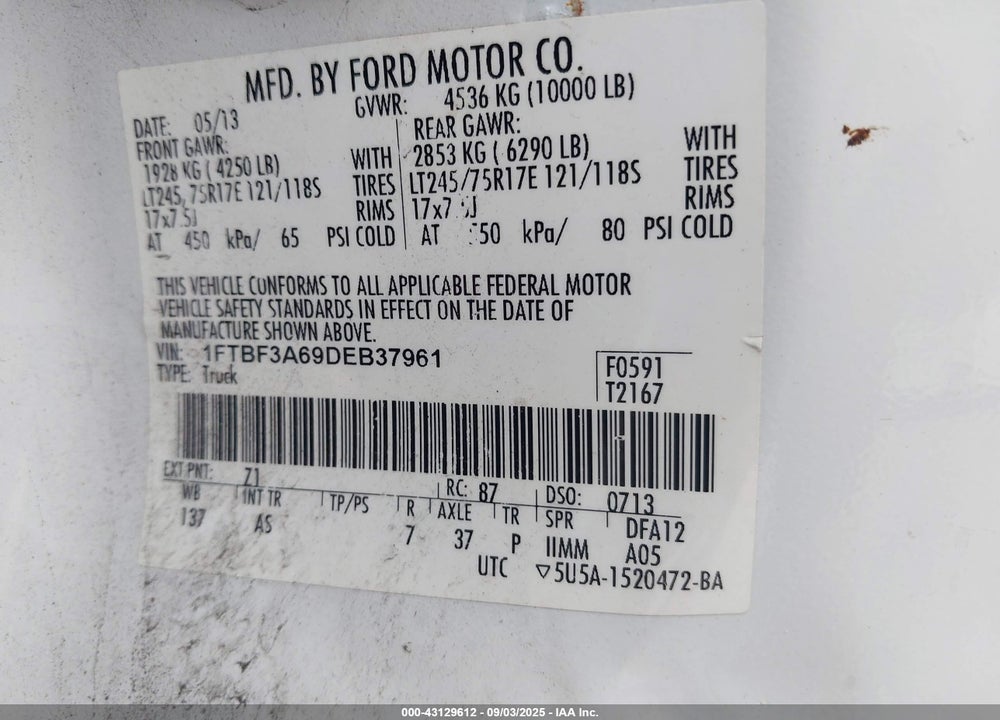 2013 FORD F 350 VIN: 1FTBF3A69DEB37961