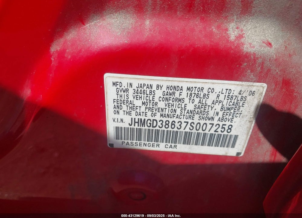 2007 HONDA FIT VIN: JHMGD38637S007258