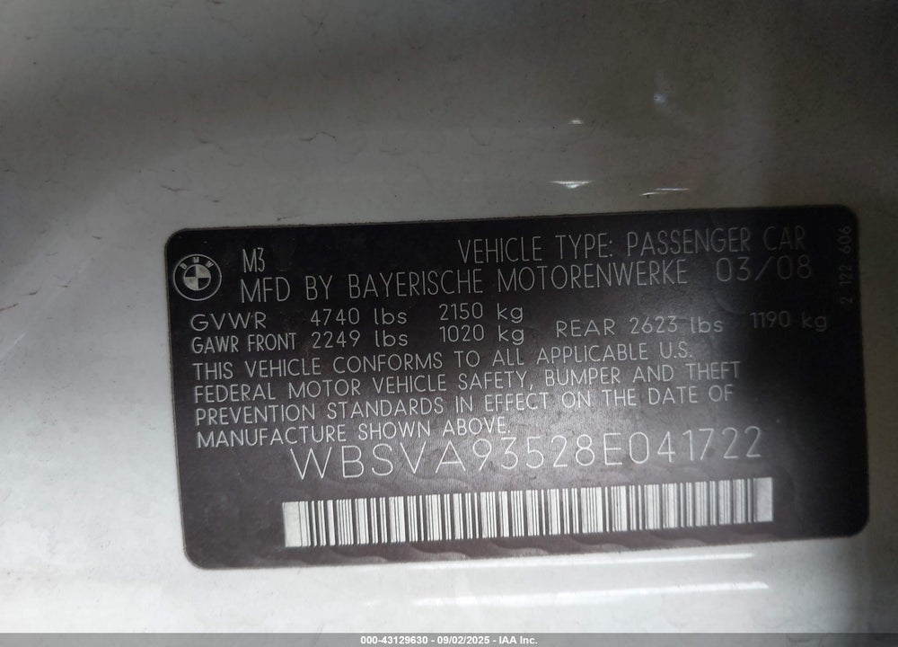 2008 BMW M3 VIN: WBSVA93528E041722