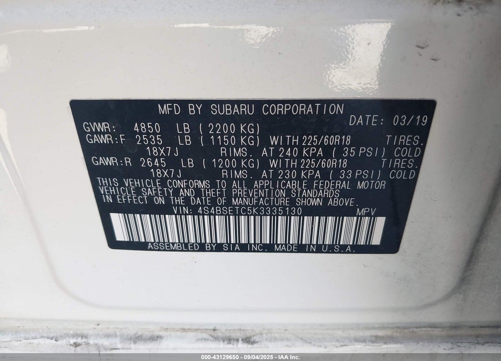 2019 SUBARU OUTBACK VIN: 4S4BSETC5K3335130