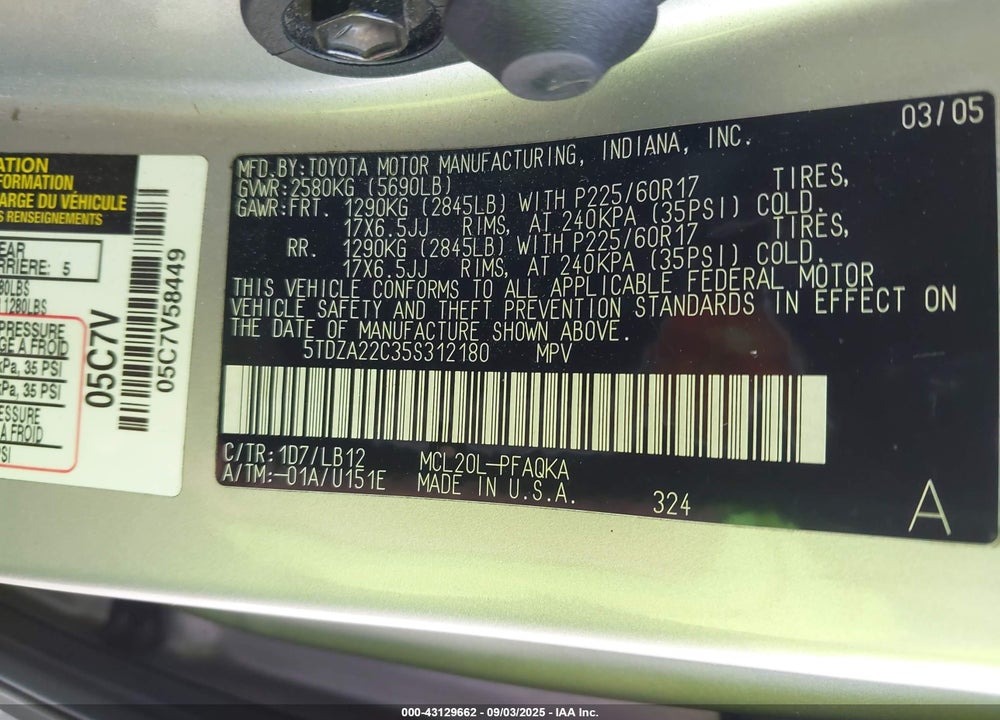 2005 TOYOTA SIENNA XLE VIN: 5TDZA22C35S312180
