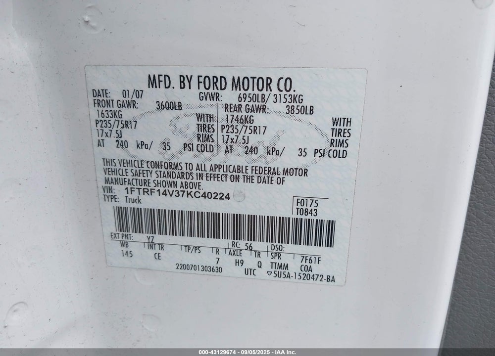 2007 FORD F-150 FX4/XL/XLT VIN: 1FTRF14V37KC40224
