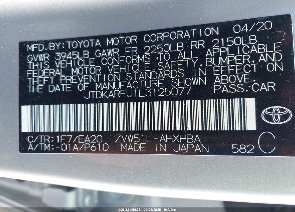 2020 TOYOTA PRIUS VIN: JTDKARFU1L3125077