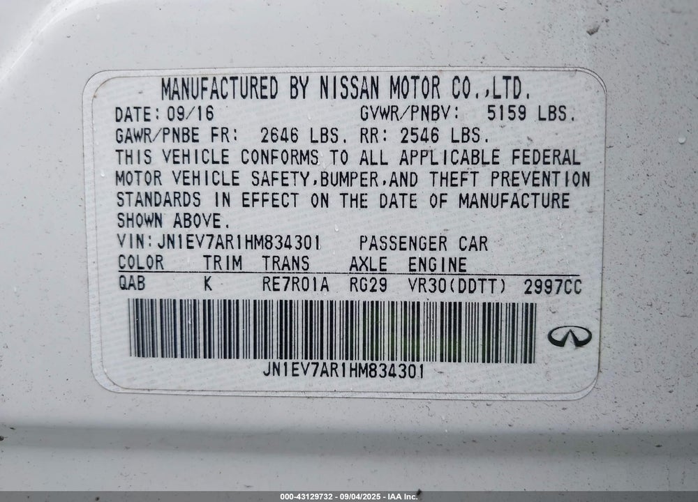 2017 INFINITI Q50 VIN: JN1EV7AR1HM834301