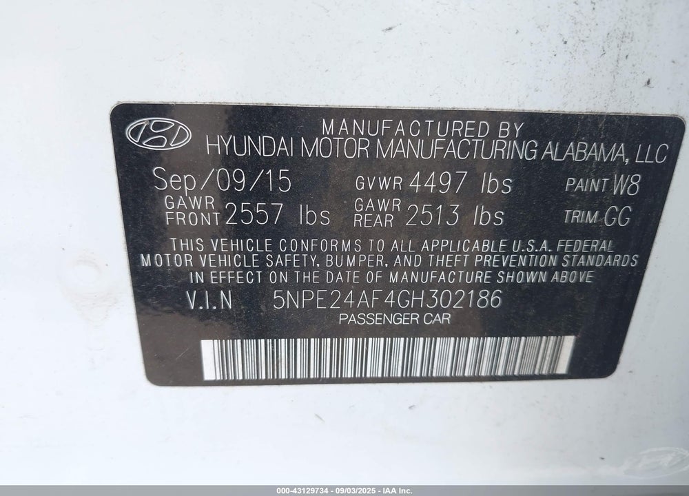 2016 HYUNDAI SONATA VIN: 5NPE24AF4GH302186