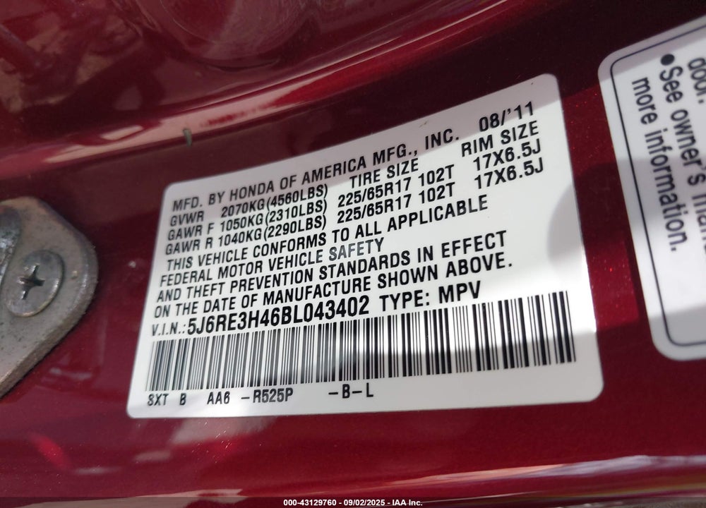 2011 HONDA CR-V VIN: 5J6RE3H46BL043402