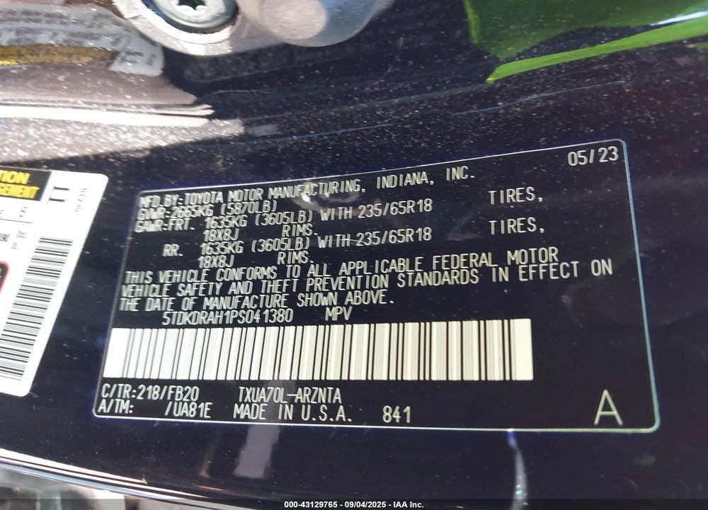 2023 TOYOTA HIGHLANDER VIN: 5TDKDRAH1PS041380