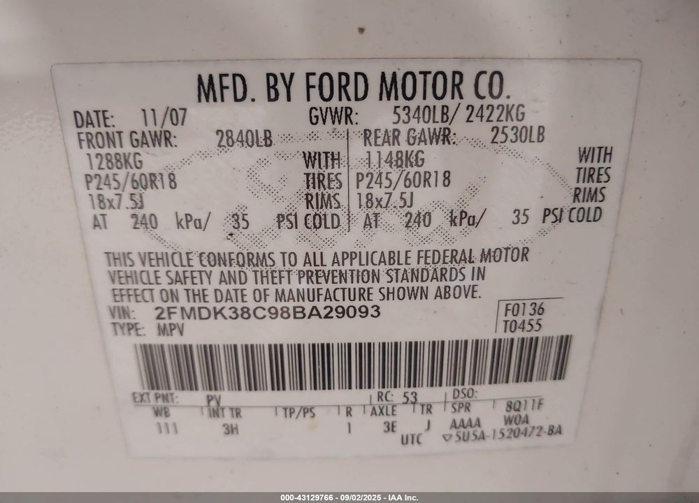 2008 FORD EDGE SEL VIN: 2FMDK38C98BA29093