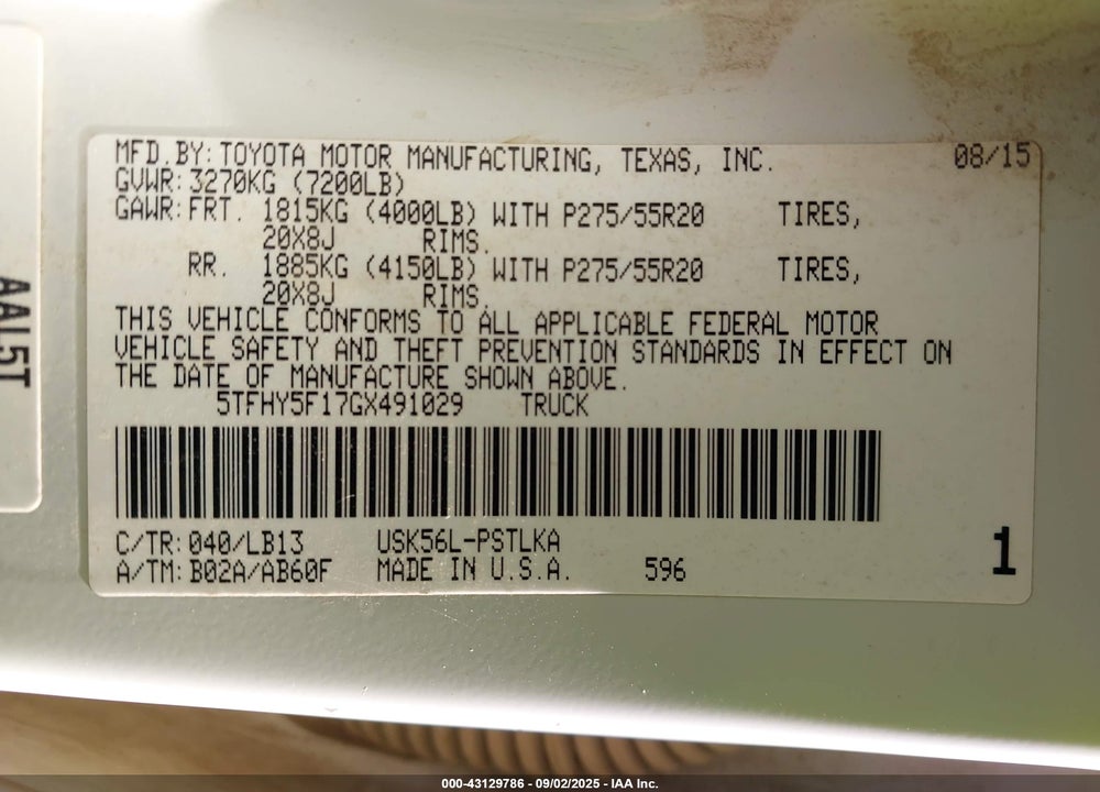 2016 TOYOTA TUNDRA VIN: 5TFHY5F17GX491029