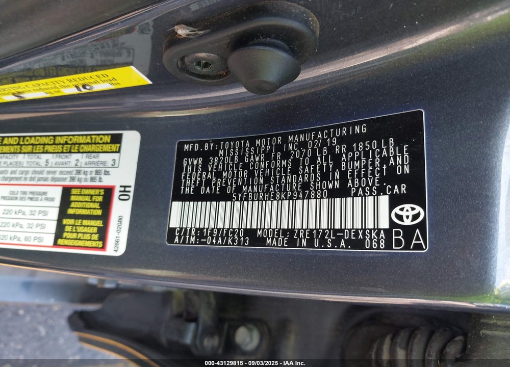 2019 TOYOTA COROLLA SE VIN: 5YFBURHE8KP947880