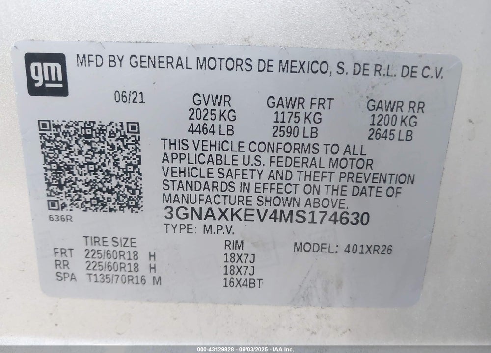 2021 CHEVROLET EQUINOX VIN: 3GNAXKEV4MS174630