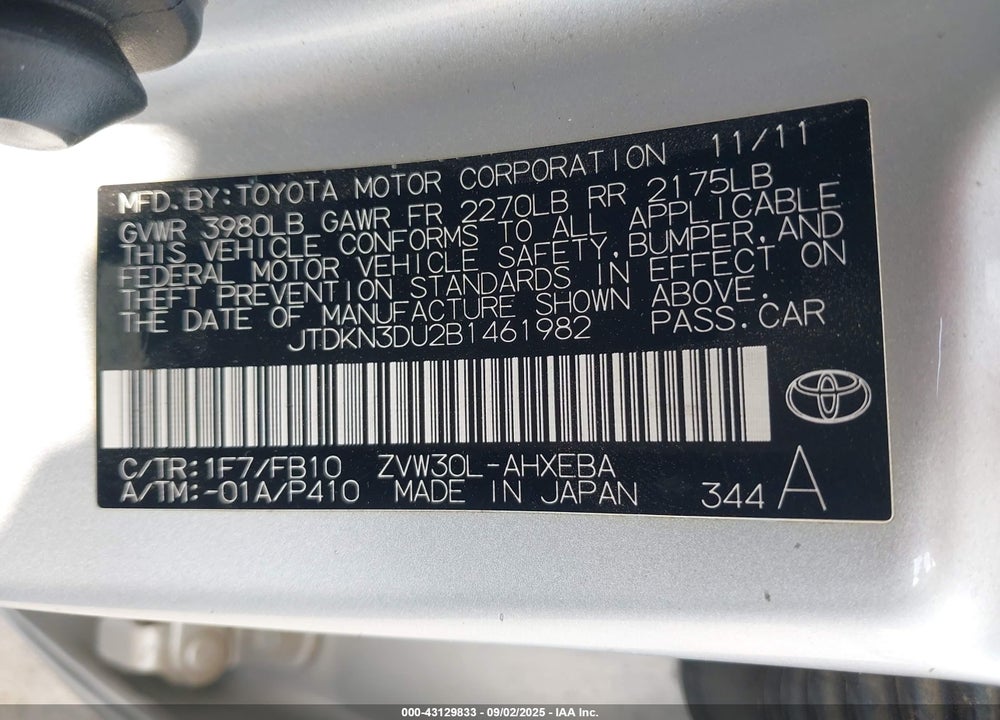 2011 TOYOTA PRIUS TWO VIN: JTDKN3DU2B1461982