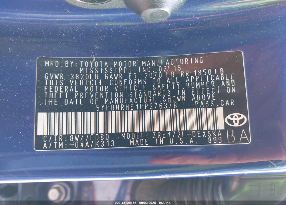 2015 TOYOTA COROLLA VIN: 5YFBURHE1FP276378