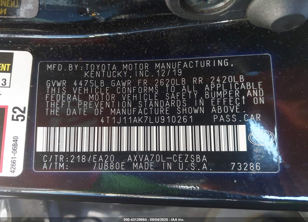 2020 TOYOTA CAMRY VIN: 4T1J11AK7LU910261