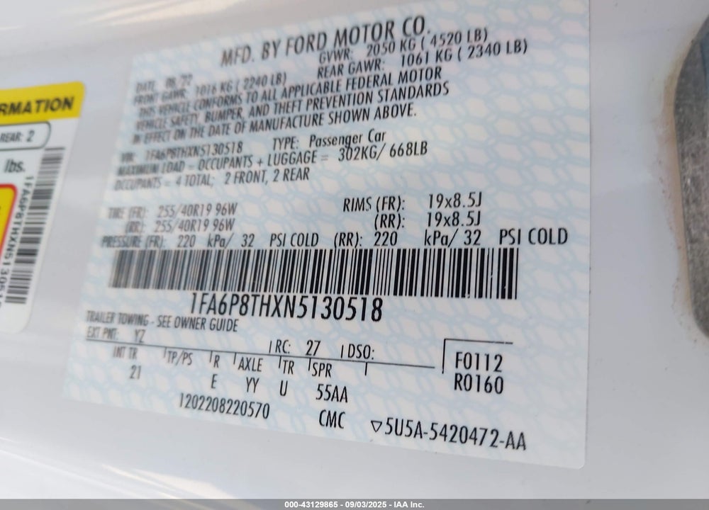 2022 FORD MUSTANG VIN: 1FA6P8THXN5130518