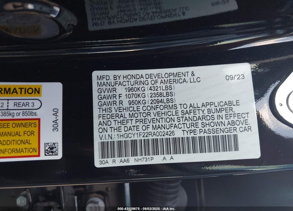 2024 HONDA ACCORD LX VIN: 1HGCY1F22RA002426