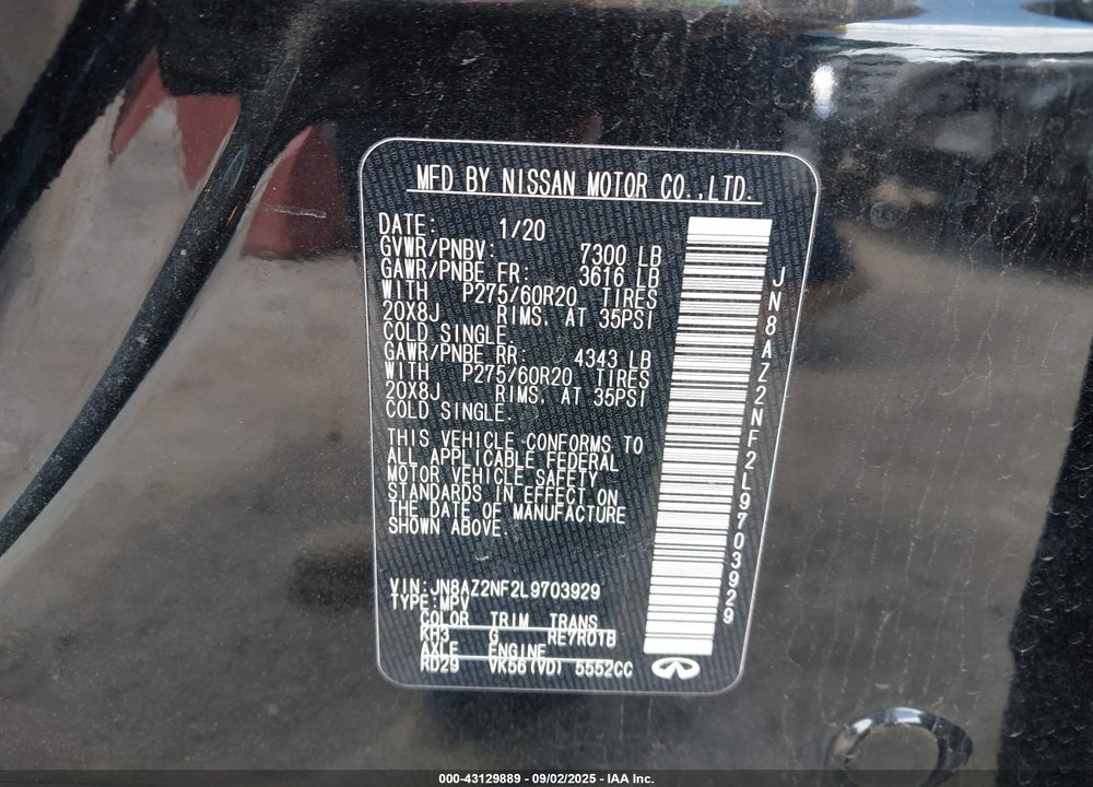2020 INFINITI QX80 VIN: JN8AZ2NF2L9703929