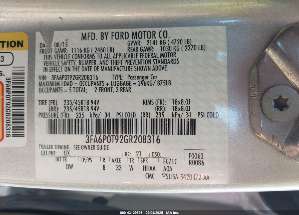 2016 FORD FUSION SE VIN: 3FA6P0T92GR208316