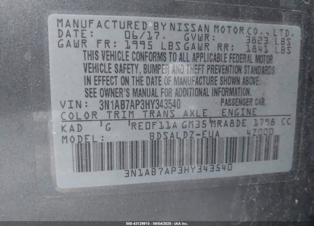 2017 NISSAN SENTRA VIN: 3N1AB7AP3HY343540