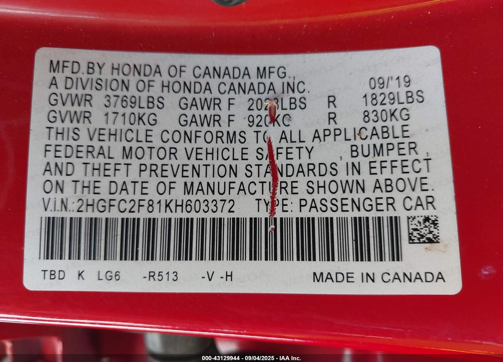 2019 HONDA CIVIC SPORT VIN: 2HGFC2F81KH603372