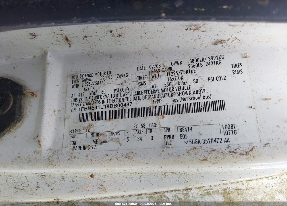 2008 FORD E-350 SUPER DUTY XL/XLT VIN: 1FBNE31L18DB00487