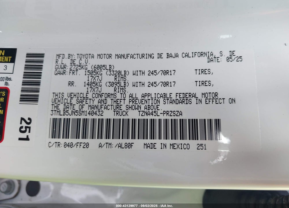 2025 TOYOTA TACOMA VIN: 3TMLB5JN5SM140432