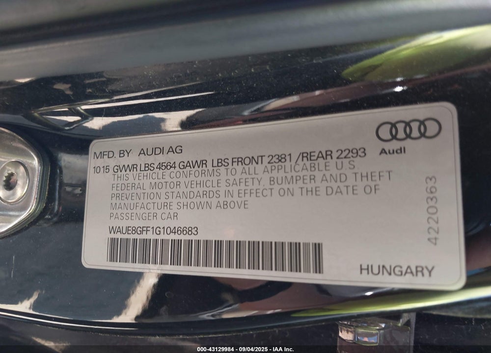 2016 AUDI A3 2.0T PREMIUM VIN: WAUE8GFF1G1046683