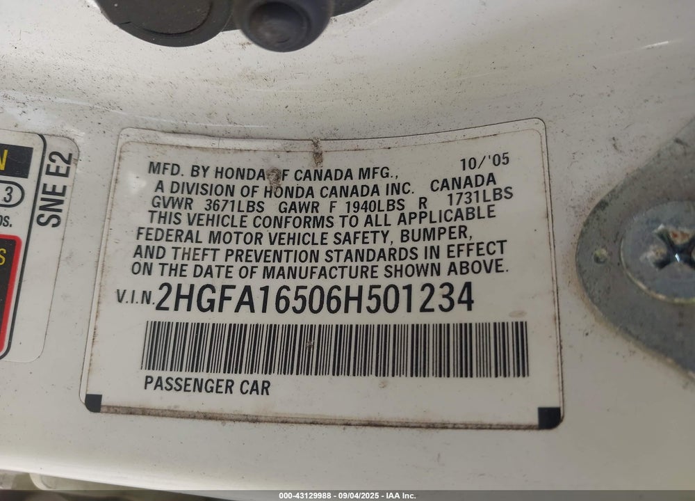 2006 HONDA CIVIC LX VIN: 2HGFA16506H501234