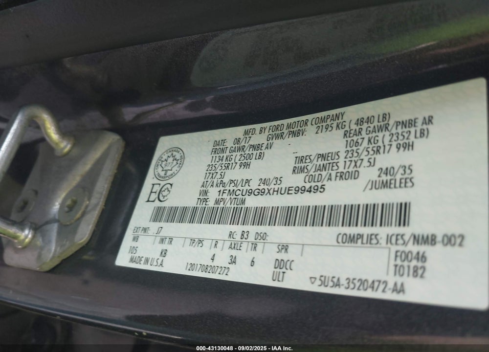 2017 FORD ESCAPE VIN: 1FMCU9G9XHUE99495