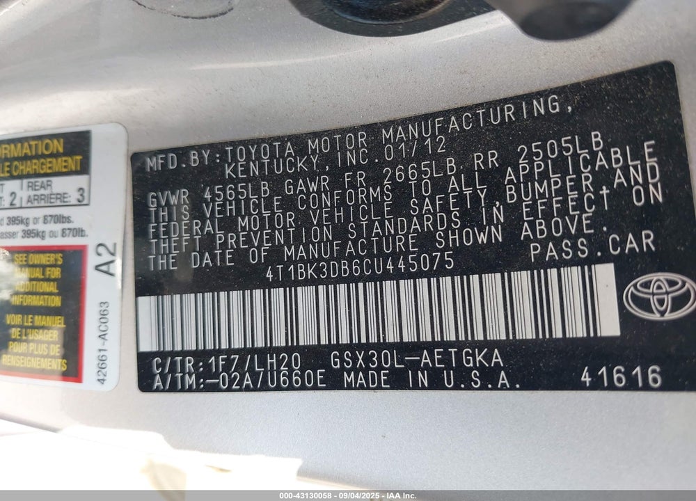 2012 TOYOTA AVALON VIN: 4T1BK3DB6CU445075
