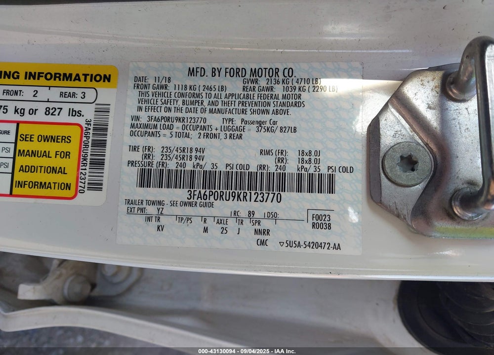 2019 FORD FUSION VIN: 3FA6P0RU9KR123770