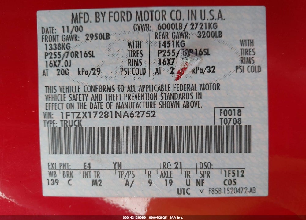 2001 FORD F-150 XL/XLT VIN: 1FTZX17281NA62752