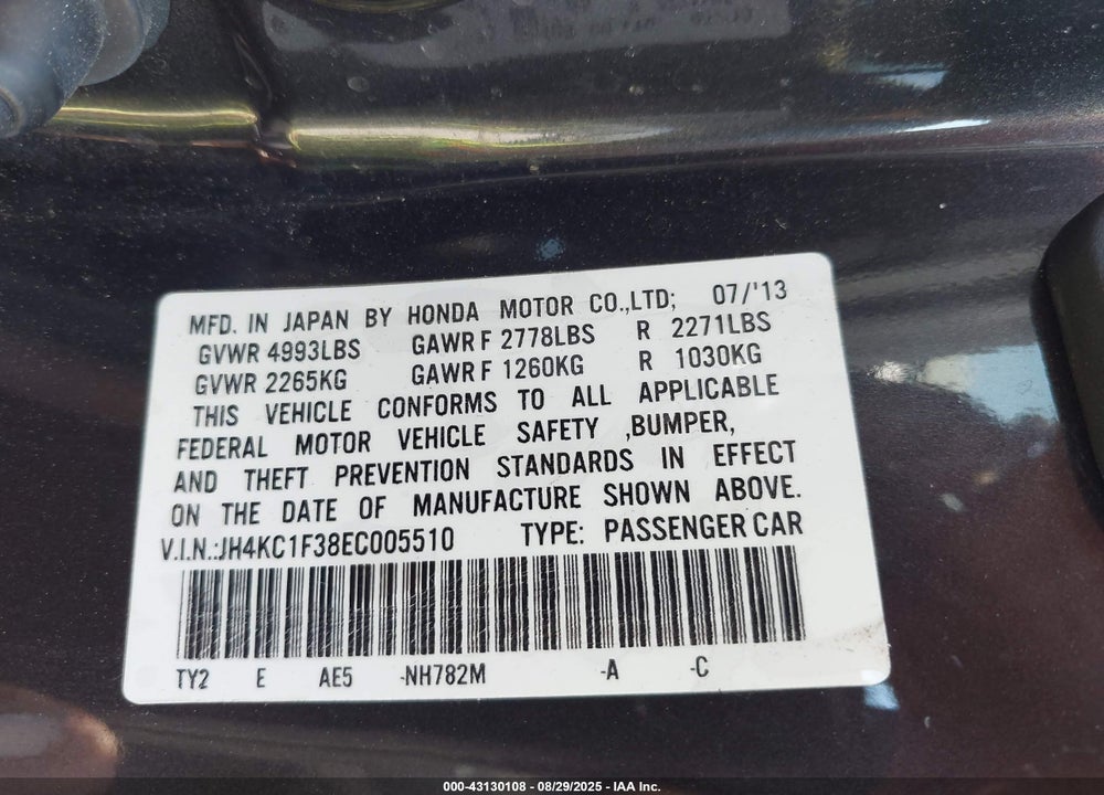 2014 ACURA RLX VIN: JH4KC1F38EC005510