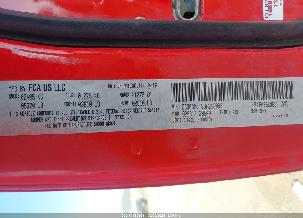 2018 DODGE CHARGER VIN: 2C3CDXCT3JH243092