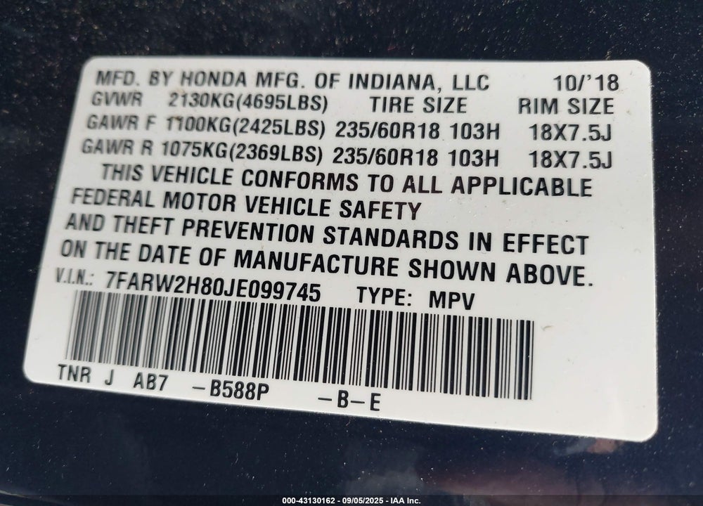 2018 HONDA CR-V VIN: 7FARW2H80JE099745