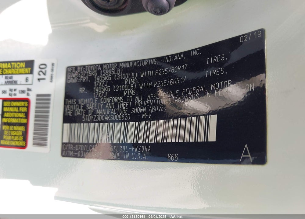 2019 TOYOTA SIENNA XLE 8 PASSENGER VIN: 5TDYZ3DC4KS008620