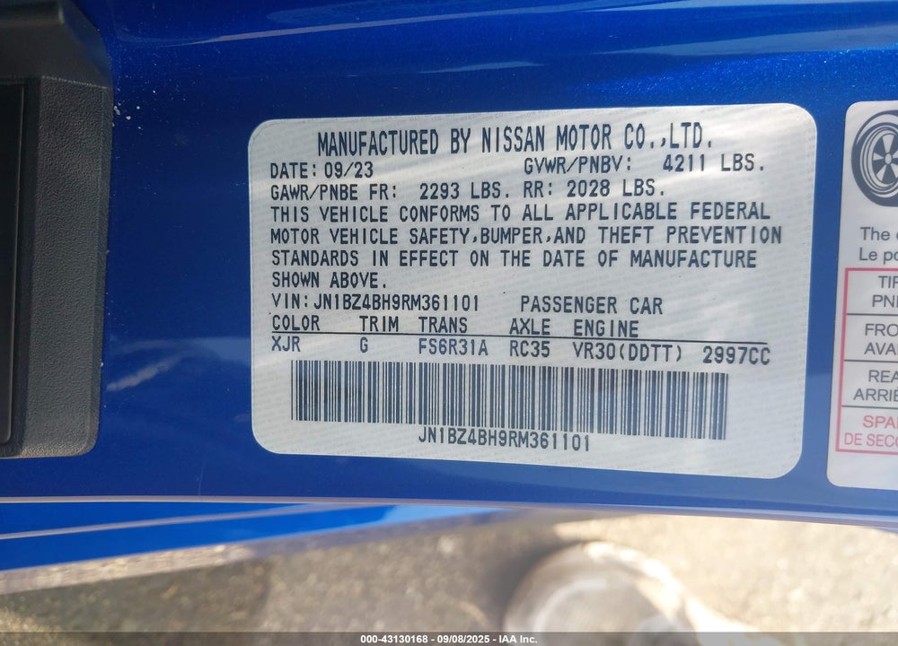 2024 NISSAN Z PERFORMANCE MANUAL VIN: JN1BZ4BH9RM361101