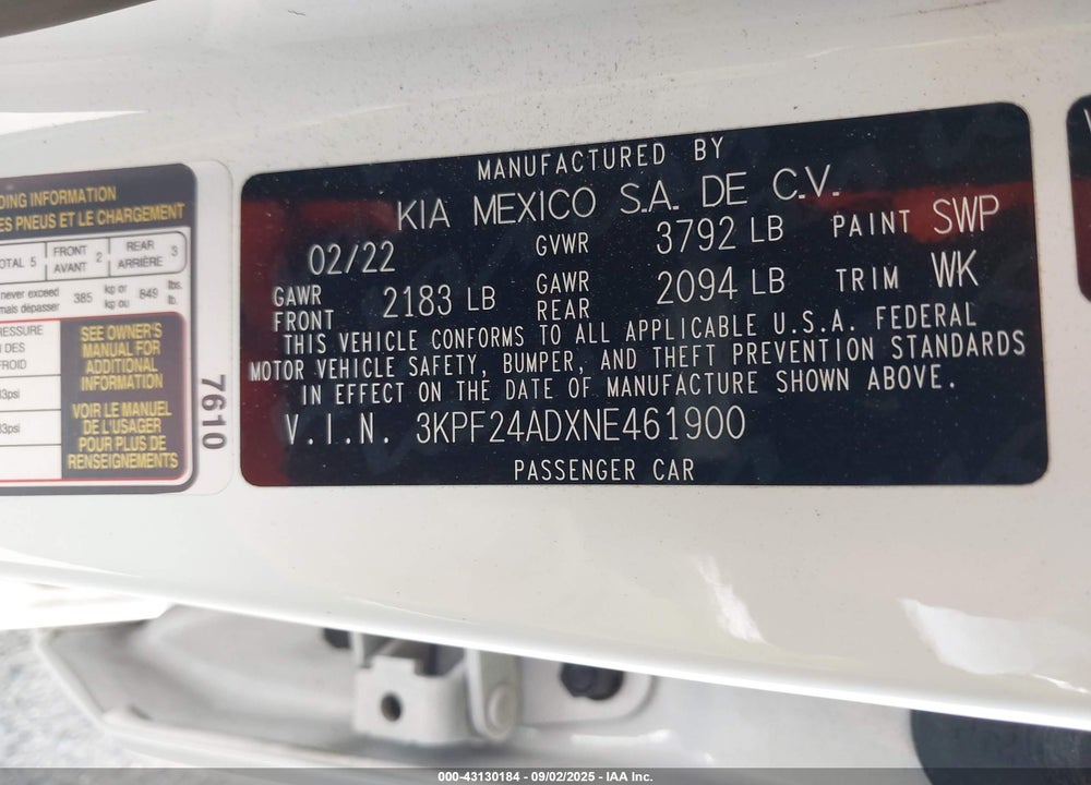 2022 KIA FORTE LXS VIN: 3KPF24ADXNE461900