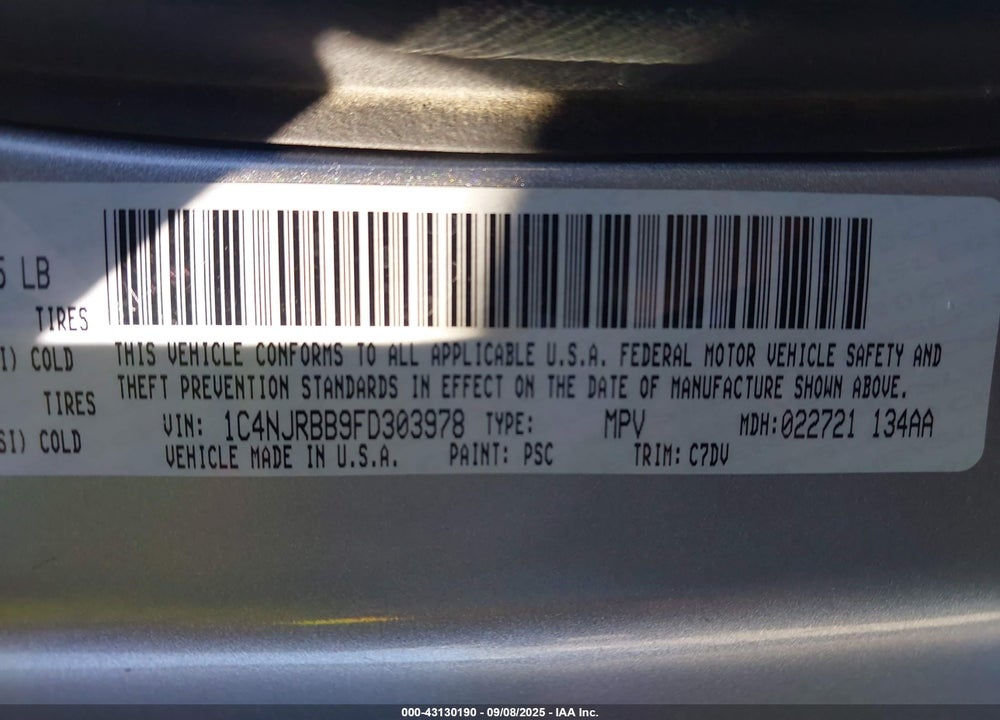 2015 JEEP PATRIOT VIN: 1C4NJRBB9FD303978