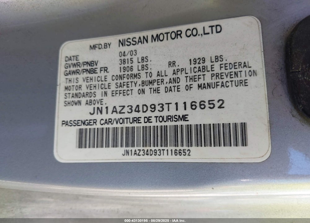 2003 NISSAN 350Z TOURING VIN: JN1AZ34D93T116652