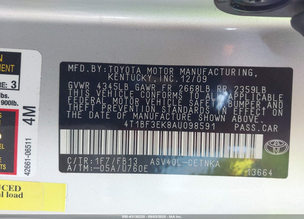 2010 TOYOTA CAMRY VIN: 4T1BF3EK8AU098591
