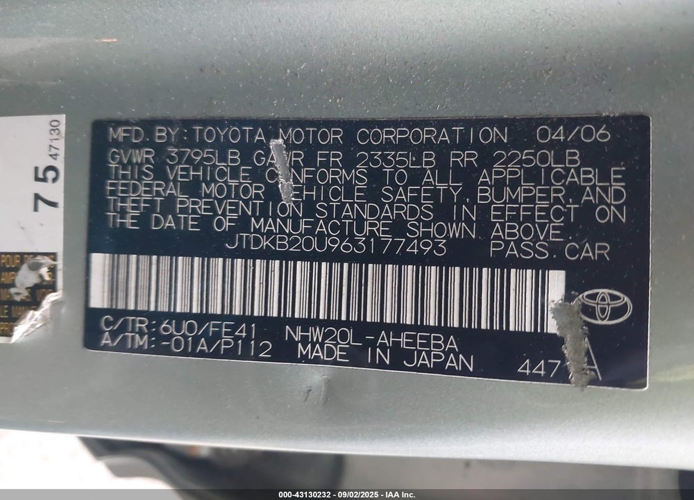2006 TOYOTA PRIUS VIN: JTDKB20U963177493